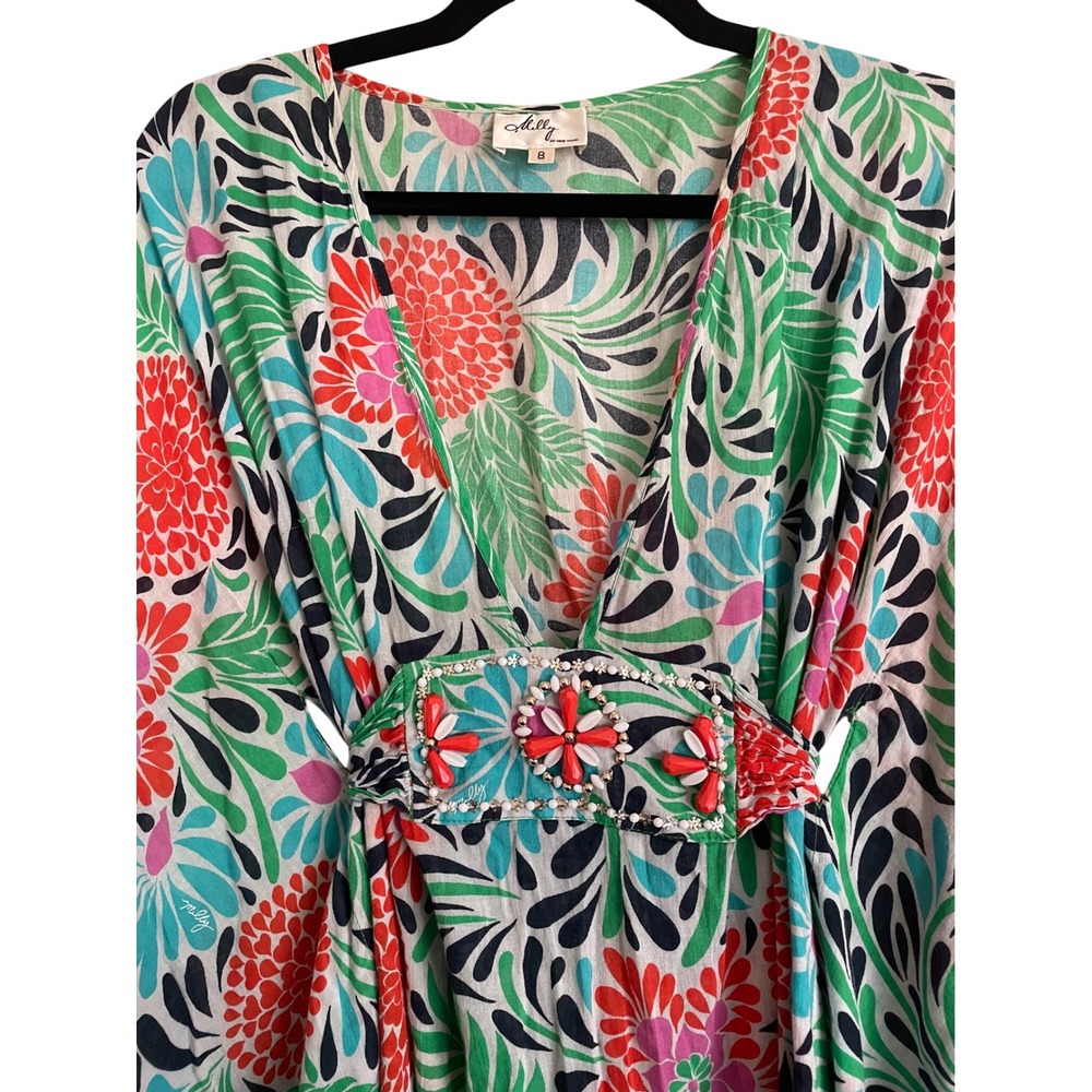 Milly New York Floral Kaftan Midi Dress Beaded Green P Blue 8 Resortwear Luxury - Picture 4 of 10